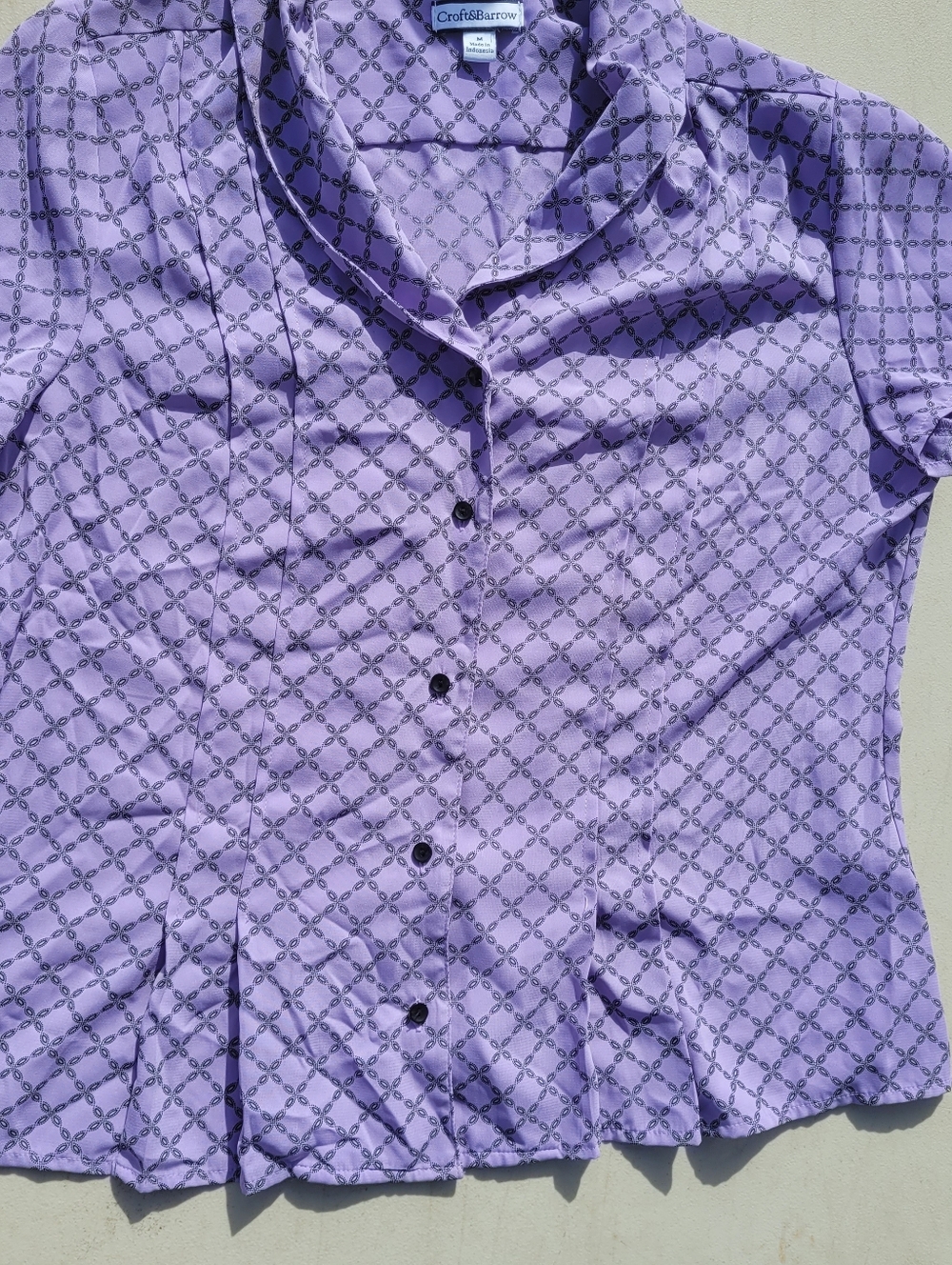 Croft & Barrow Y2K Retro Blouse Lavender Geometric Chain Button Short Sleeve M - Picture 7 of 7